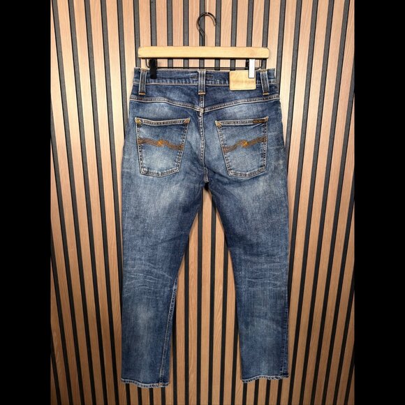 Nudie Jeans 33 x 32 Mens Blue Grim Tim Button Fly Crushed Denim 5 Pocket - Picture 2 of 11